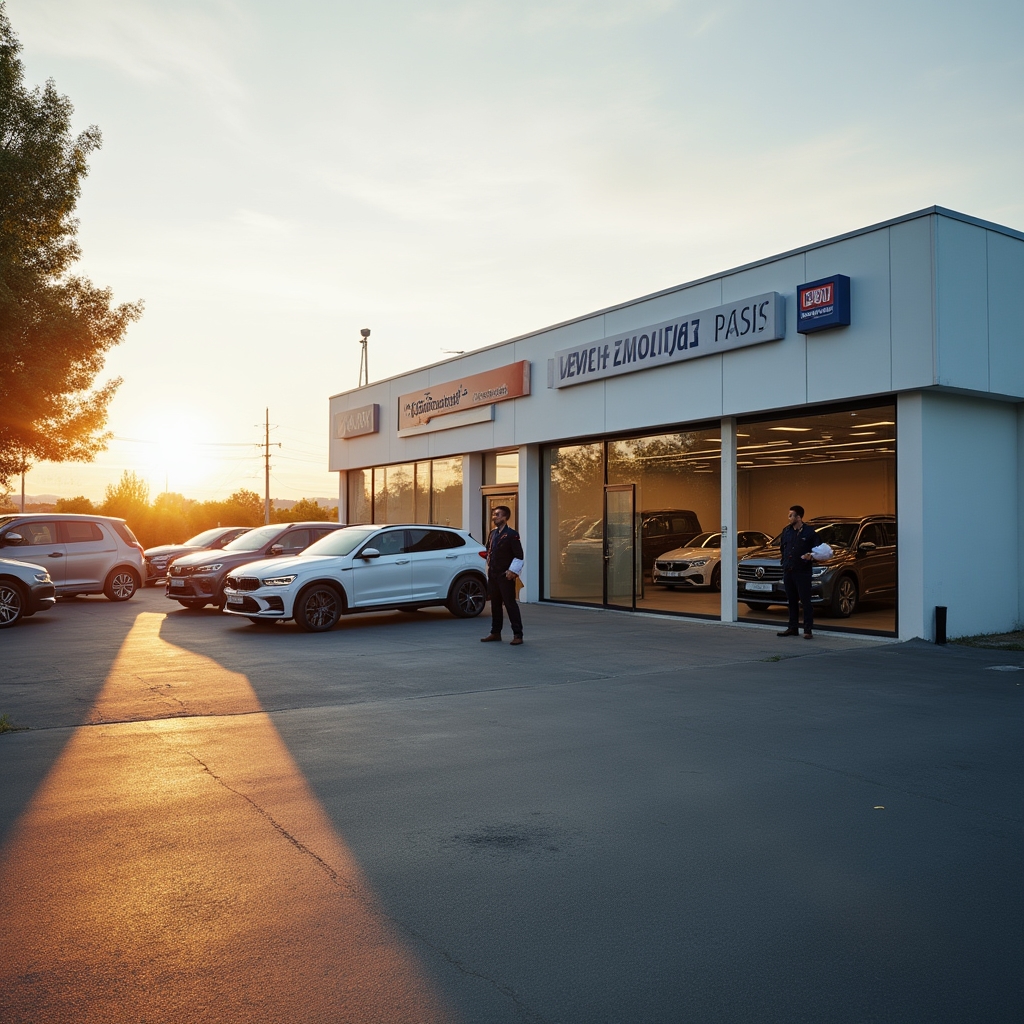 Centro di revisione auto moderno, vista esterna con veicoli in attesa
