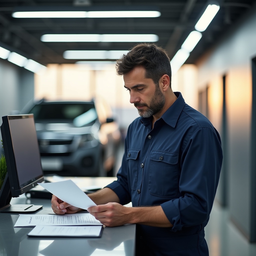 Titolare di centro di revisione auto al lavoro con documentazione MCTC